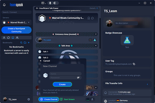 Вид дерева серверов с возможностью создания канала