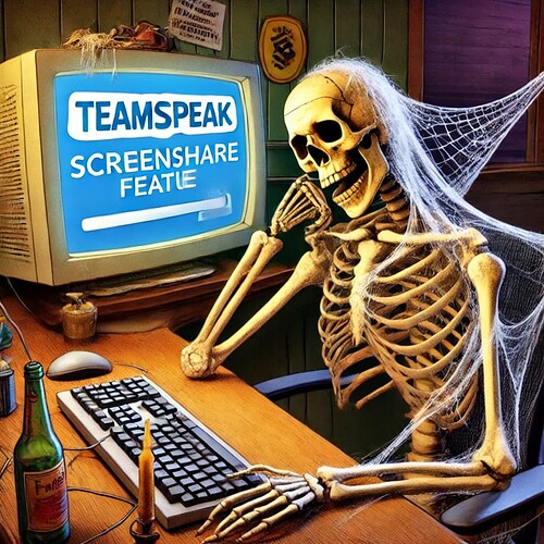 DALL·E 2024-10-21 14.16.37 - A humorous meme image of a skeleton sitting at a desk in front of a computer, looking frustrated or bored, waiting for a screenshare feature in TeamSp